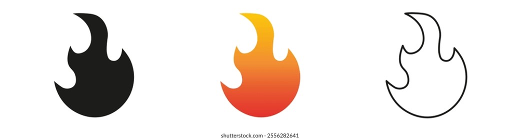 Flame graphics in three colors show design versatility. Fire icon vector set. Flame icon collection. Fire flame symbol. Black, gradient, line set
