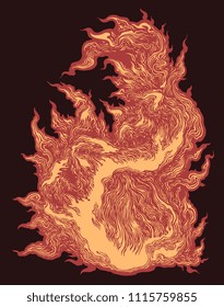 Flame. Hand drawn engraving. Editable vector vintage illustration. Isolated on dark background. 8 EPS