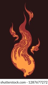 Flame. Hand drawn engraving.Editable vector vintage illustration. Isolated on dark background. 8 EPS
