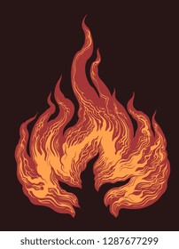 Flame. Hand drawn engraving.Editable vector vintage illustration. Isolated on dark background. 8 EPS
