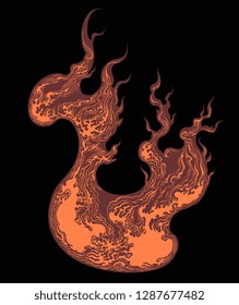 Flame. Hand drawn engraving.Editable vector vintage illustration. Isolated on dark background. 8 EPS