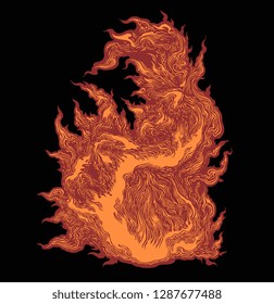 Flame. Hand drawn engraving.Editable vector vintage illustration. Isolated on dark background. 8 EPS