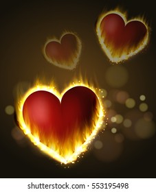 Flame hearts floating on the dark background