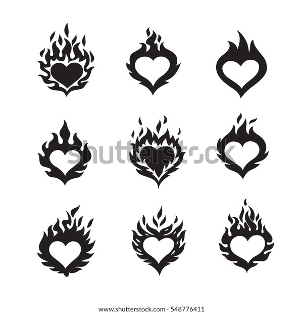 白い背景に炎のハートアイコン 黒いカラーシルエット ベクターイラストロゴセット のベクター画像素材 ロイヤリティフリー 548776411