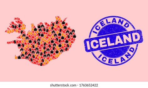 Flame and homes collage Iceland map and Iceland grunge stamp seal. Vector collage Iceland map is designed of random burning homes. Iceland map collage is composed for revolution posters.