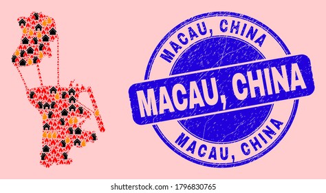 Flame and homes collage Macau map and Macau, China textured watermark. Vector collage Macau map is composed with random burning homes. Macau map collage is created for fire protection illustrations.