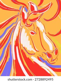 Flame horse head with flame mane blown by wind and features outlined with white strokes against yellow backdrop; digital pastel painting in minimalist style and palette, Zodiac symbol for Chinese New year.