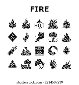 flame hot fire burn bonfire heat icons set vector. red danger, light orange, campfire energy fiery element glow, hell flammable inferno flame hot fire burn bonfire heat glyph pictogram Illustrations