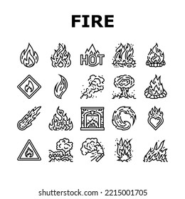 flame hot fire burn bonfire heat icons set vector. red danger, light orange, campfire energy fiery element glow, hell flammable inferno flame hot fire burn bonfire heat black contour illustrations