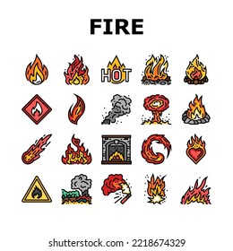 flame hot fire burn bonfire heat icons set vector. red danger, light orange, campfire energy fiery element glow, hell flammable inferno flame hot fire burn bonfire heat color line illustrations