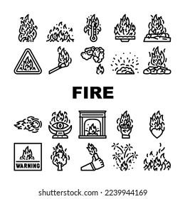 flame hot fire burn bonfire heat icons set vector. red danger, light orange, campfire energy fiery element glow, hell flammable inferno flame hot fire burn bonfire heat black contour illustrations