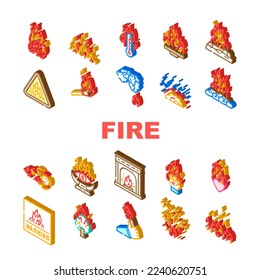 flame hot fire burn bonfire heat icons set vector. red danger, light orange, campfire energy fiery element glow, hell flammable inferno flame hot fire burn bonfire heat isometric sign illustrations