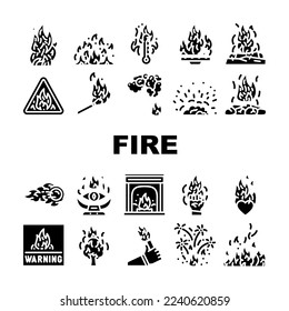 flame hot fire burn bonfire heat icons set vector. red danger, light orange, campfire energy fiery element glow, hell flammable inferno flame hot fire burn bonfire heat glyph pictogram Illustrations