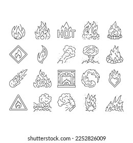 flame hot fire burn bonfire heat icons set vector. red danger, light orange, campfire energy fiery element glow, hell flammable inferno flame hot fire burn bonfire heat black contour illustrations