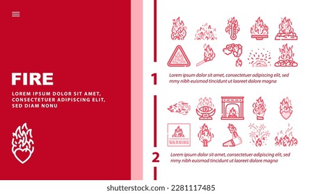 flame hot fire burn bonfire heat landing web page header vector. red danger, light orange, campfire energy fiery element glow, hell flammable inferno flame fire burn bonfire heat color illustrations