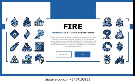 flame hot fire burn bonfire heat landing web page vector. red danger, light orange, campfire energy fiery element glow, hell flammable inferno flame hot fire burn bonfire heat Illustration