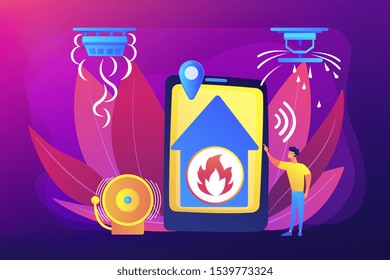 Flame in house remote notification. Smart home, high tech. Fire alarm system, fire prevention methods, smoke and fire alarm concept. Bright vibrant violet vector isolated illustration