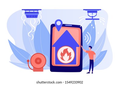 Flame in house remote notification. Smart home, high tech. Fire alarm system, fire prevention methods, smoke and fire alarm concept. Pinkish coral bluevector isolated illustration