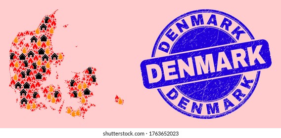 Flame and houses collage Denmark map and Denmark rubber stamp imitation. Vector collage Denmark map is composed of scattered burning villages.