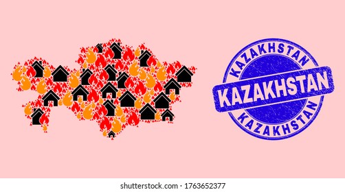 Flame and houses collage Kazakhstan map and Kazakhstan corroded stamp print. Vector collage Kazakhstan map is made with random burning houses. Kazakhstan map collage is composed for revolt purposes.