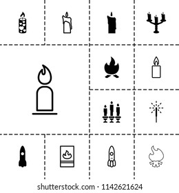 Flame icon. collection of 13 flame filled and outline icons such as candle, sparkler, candlestick, bonfire, rocket. editable flame icons for web and mobile.