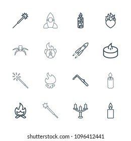 Flame icon. collection of 16 flame outline icons such as sparklers, blowtorch, candle, heart in fire, candlestick, rocket, bonfire. editable flame icons for web and mobile.