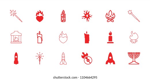 Flame icon. collection of 18 flame filled and outline icons such as rocket, candle, heart in fire, bonfire, sparkler, menorah. editable flame icons for web and mobile.