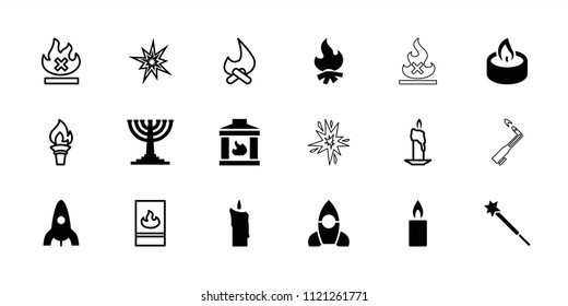 Flame icon. collection of 18 flame filled and outline icons such as rocket, candle, menorah, bonfire, no fire, explode. editable flame icons for web and mobile.