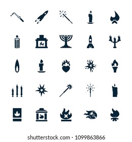Flame icon. collection of 25 flame filled icons such as sparklers, blowtorch, candle, bonfire, no fire, heart in fire, sparkler. editable flame icons for web and mobile.