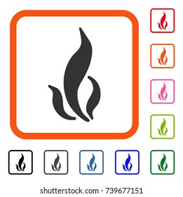 Flame icon. Flat gray pictogram symbol inside an orange rounded squared frame. Black, gray, green, blue, red, orange color additional versions of Flame vector. Designed for web and app UI.