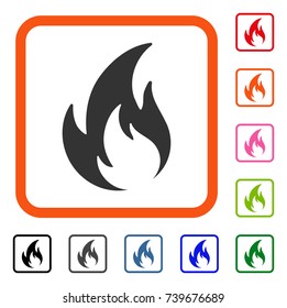 Flame icon. Flat grey pictogram symbol in an orange rounded squared frame. Black, gray, green, blue, red, orange color additional versions of Flame vector. Designed for web and software interfaces.