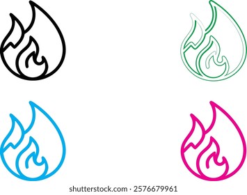 flame icon, minimalist design, simple line art, bold outlines, abstract fire symbol, geometric flame shape, color variations, black, green, blue, pink, vector graphic style, clean aesthetic, modern lo