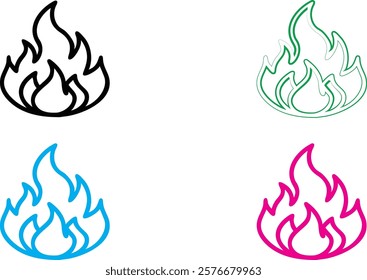 flame icon, minimalist design, simple line art, bold outlines, abstract fire symbol, geometric flame shape, color variations, black, green, blue, pink, vector graphic style, clean aesthetic, modern lo