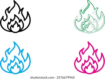 flame icon, minimalist design, simple line art, bold outlines, abstract fire symbol, geometric flame shape, color variations, black, green, blue, pink, vector graphic style, clean aesthetic, modern lo