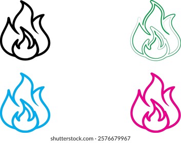 flame icon, minimalist design, simple line art, bold outlines, abstract fire symbol, geometric flame shape, color variations, black, green, blue, pink, vector graphic style, clean aesthetic, modern lo