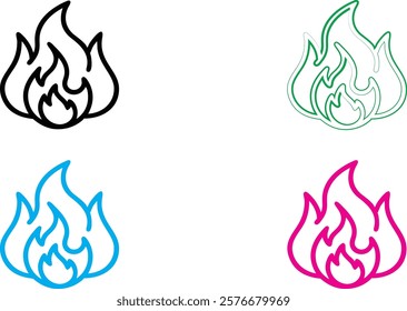 flame icon, minimalist design, simple line art, bold outlines, abstract fire symbol, geometric flame shape, color variations, black, green, blue, pink, vector graphic style, clean aesthetic, modern lo