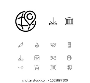 Flame icon with pen, arrow and beer symbols. Set of cryptocurrency, arabic, building icons and blockchain concept. Editable vector elements for logo app UI design.