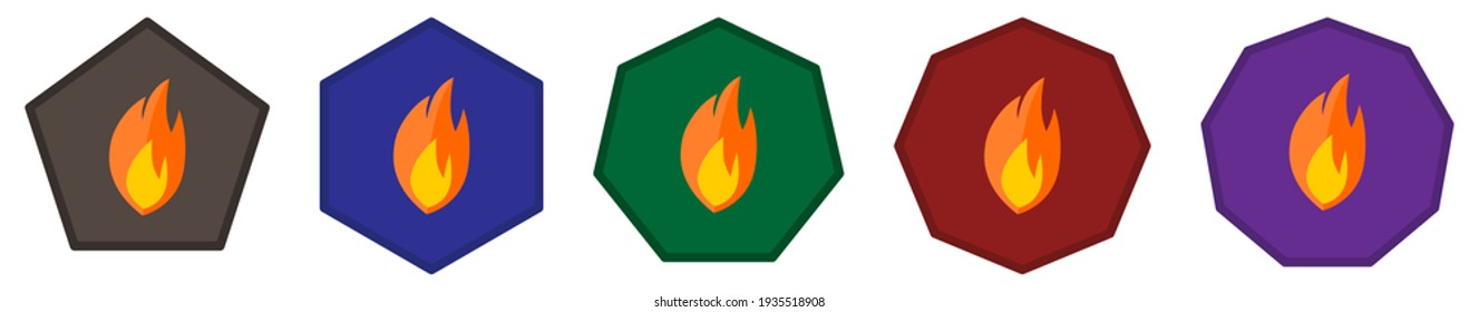 Flame icon in polygons with different number of edges. Fire element sign