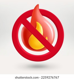 Flame icon in red circle with crossed line. No fire concept. 3d vector icon 
