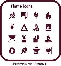 flame icon set. 16 filled flame icons.  Simple modern icons about  - Torch, Hose, Match, Fire, Sparkler, Rocket launch, Matchbox, Grill, Camping gas, Lighter, Bbq, Bonfire