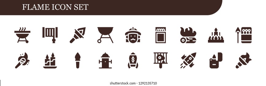  flame icon set. 18 filled flame icons. Simple modern icons about  - Barbecue, Hose, Torch, Grill, Firefighter, Match, Campfire, Candle, Matches, Hydrant, Rocket, Bbq, Lighter