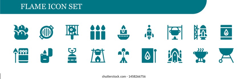 flame icon set. 18 filled flame icons.  Collection Of - Fire, Grill, Bbq, Candles, Candle, Rocket, Bonfire, Rocket ship launch, Matchbox, Matches, Lighter, Camping gas, Spaceship