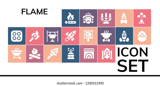 flame icon set. 19 filled flame icons.  Simple modern icons about  - Bonfire, Stove, Barbecue, Campfire, Torch, Camping gas, Fireplace, Spaceship, Rocket, Bbq, Rocket launch, Forest fire