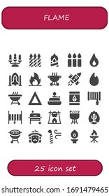 flame icon set. 25 filled flame icons. Included Candlestick, Candles, Bonfire, Fire, Spaceship, Bbq, Rocket, Barbecue, Burner, Matchbox, Hose, Grill, Firefighter, Candle icons