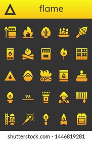 flame icon set. 26 filled flame icons.  Collection Of - Matches, Fire, Candles, Torch, Campfire, Match, Burner, Forest fire, Matchbox, Hot, Firefighter, Hose, Rocket ship launch