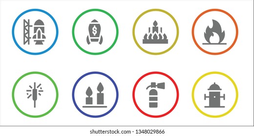 flame icon set. 8 filled flame icons.  Collection Of - Rocket ship launch, Sparkler, Rocket, Candles, Candle, Extinguisher, Fire, Hydrant