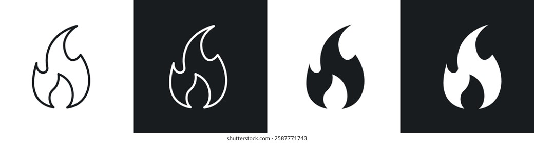 Flame icon set black and white colors. Graphic Vector icons pack