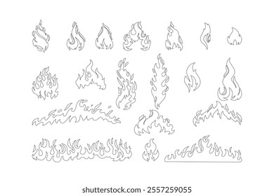 Flame icon set. Campfire contour, outline style fire elements. Flame vector illustration.