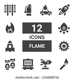 flame icon set. Collection of 12 filled flame icons included Match, Rocket, Grill, Missile, Explosion, Fire, Extinguisher, Bonfire