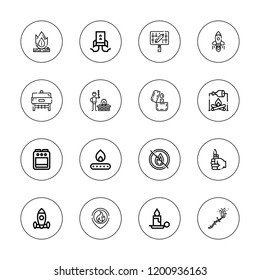 Flame icon set. collection of 16 outline flame icons with bbq, bonfire, candle, fire, grill, lighter, no fire, stove, rocket launch icons.